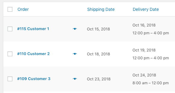 Shipping and delivery info in the order list